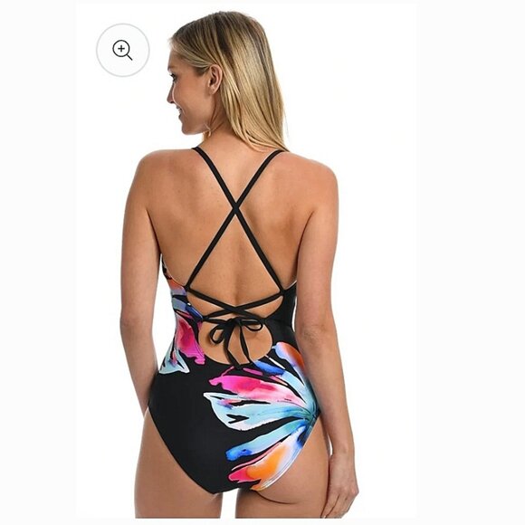 La Blanca Prism Palm Mio One-Piece Swimsuit Sz 6 Black Multicolor Strappy - Picture 2 of 8